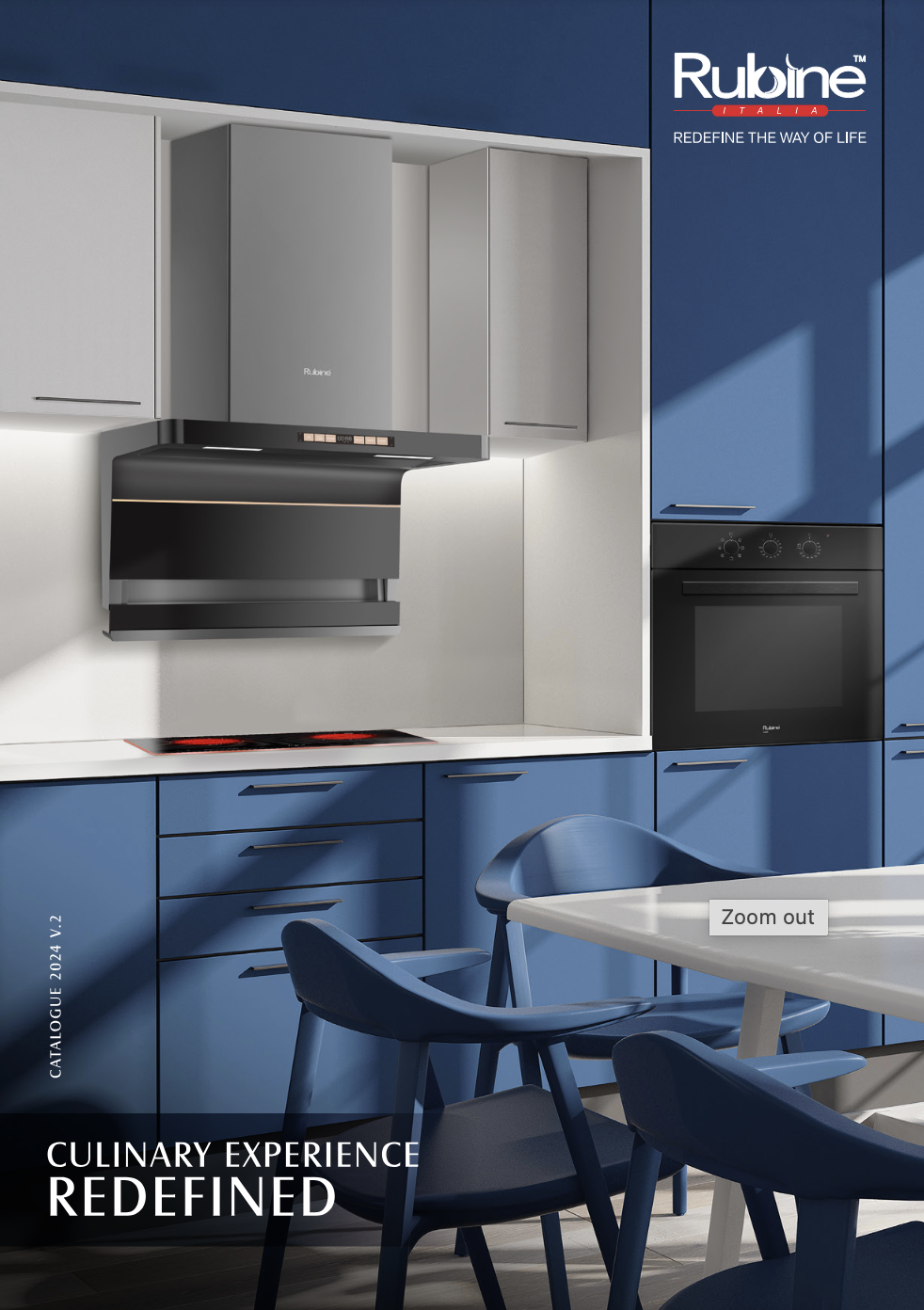 Rubine kitchen appliances showcase featuring a sleek black range hood and built-in oven in a modern blue kitchen design.